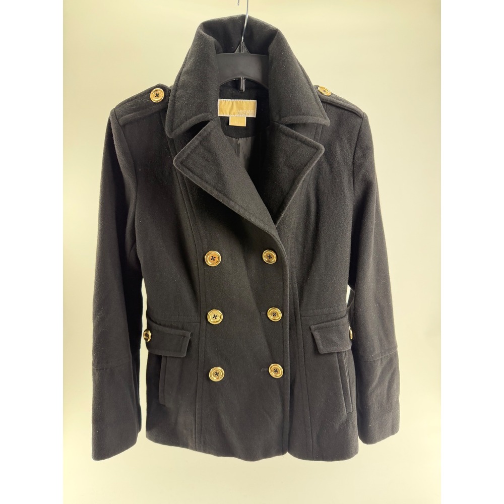 Michael Kors Womens Black Wool Blend Double Breasted Pea Coat Gold Buttons Small